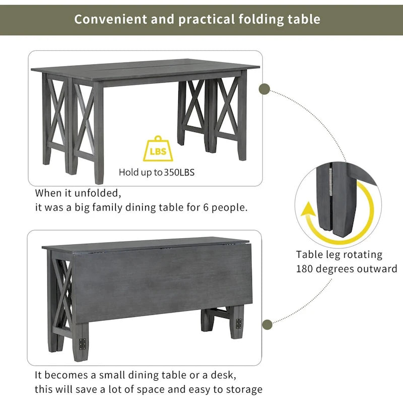 Ensemble de salle à manger pliable gris/expresso, 6 places – Table et 4 chaises avec banc