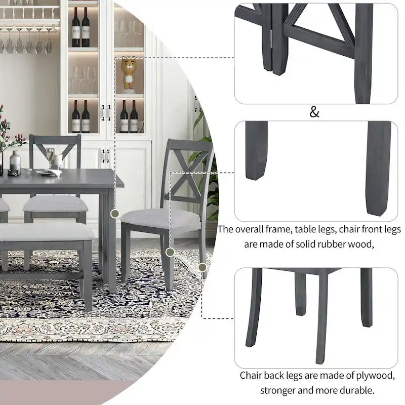 Ensemble de salle à manger pliable gris/expresso, 6 places – Table et 4 chaises avec banc