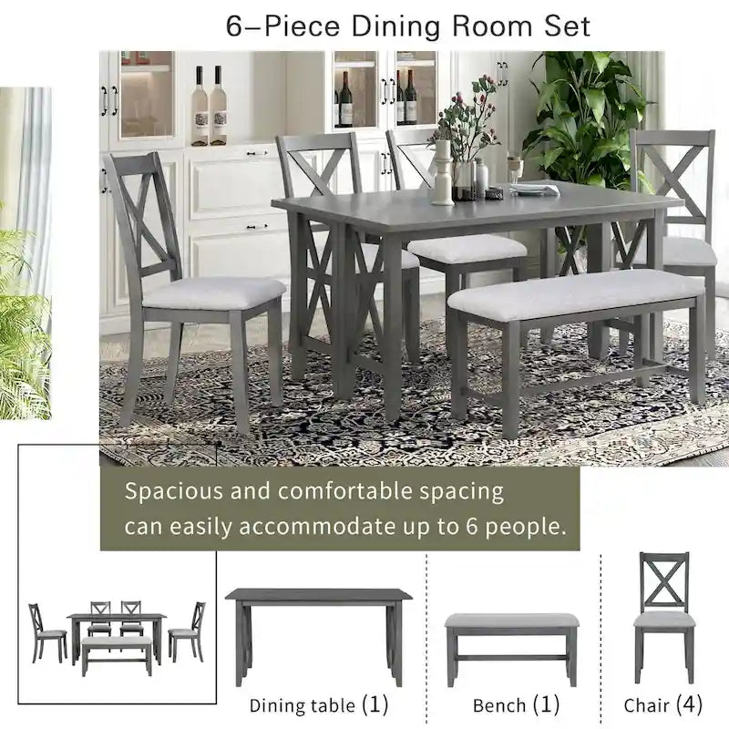 Ensemble de salle à manger pliable gris/expresso, 6 places – Table et 4 chaises avec banc