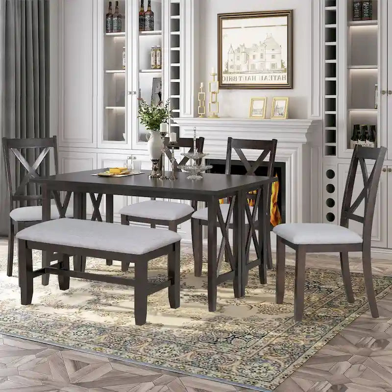 Ensemble de salle à manger pliable gris/expresso, 6 places – Table et 4 chaises avec banc