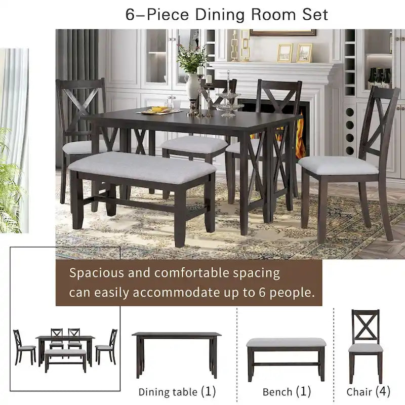 Ensemble de salle à manger pliable gris/expresso, 6 places – Table et 4 chaises avec banc