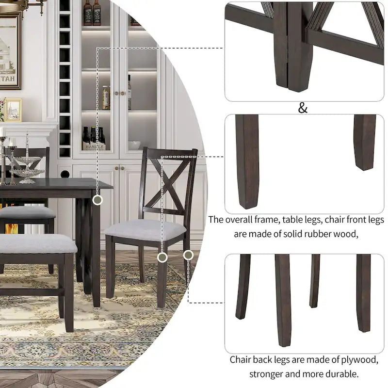 Ensemble de salle à manger pliable gris/expresso, 6 places – Table et 4 chaises avec banc