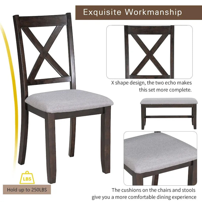 Ensemble de salle à manger pliable gris/expresso, 6 places – Table et 4 chaises avec banc