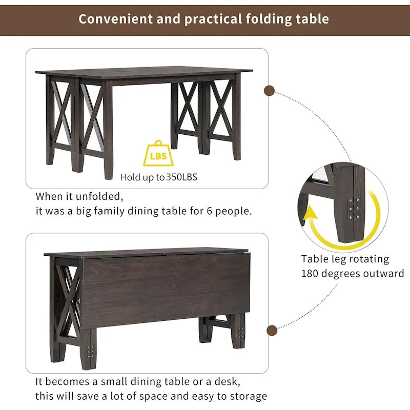 Ensemble de salle à manger pliable gris/expresso, 6 places – Table et 4 chaises avec banc