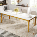 Table à manger de 199,9 cm, Blanc et doré / Marron café, Plateau en bois et pieds en métal, 6 places