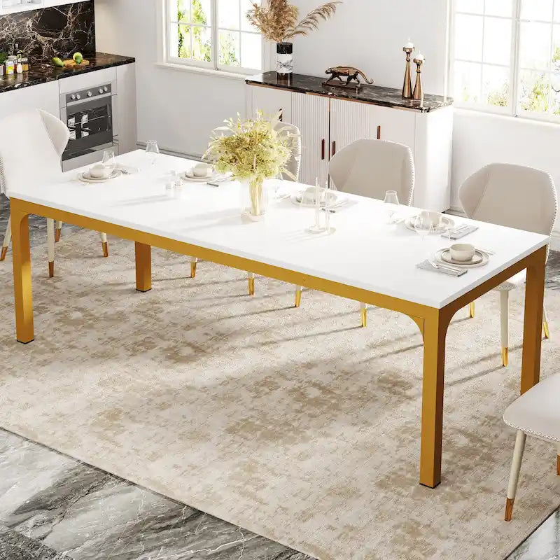 Table à manger de 199,9 cm, Blanc et doré / Marron café, Plateau en bois et pieds en métal, 6 places