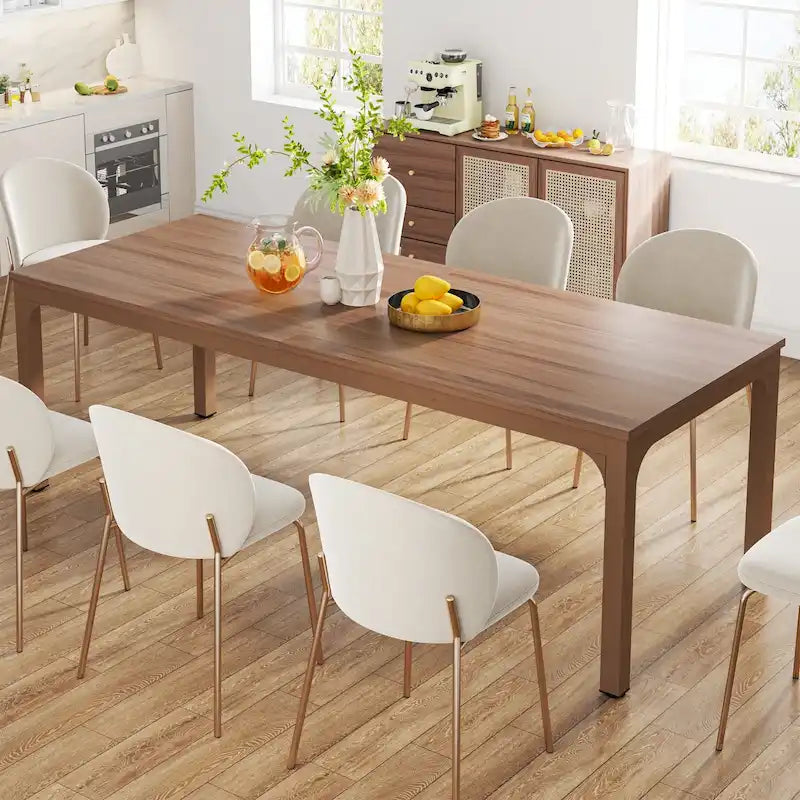Table à manger de 199,9 cm, Blanc et doré / Marron café, Plateau en bois et pieds en métal, 6 places