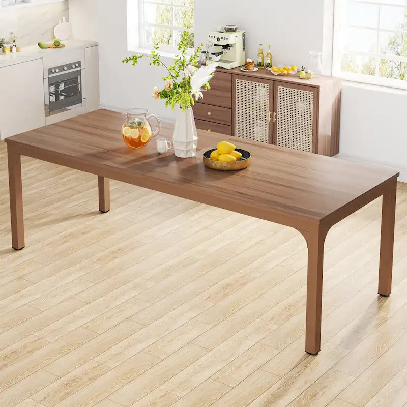 Table à manger de 199,9 cm, Blanc et doré / Marron café, Plateau en bois et pieds en métal, 6 places