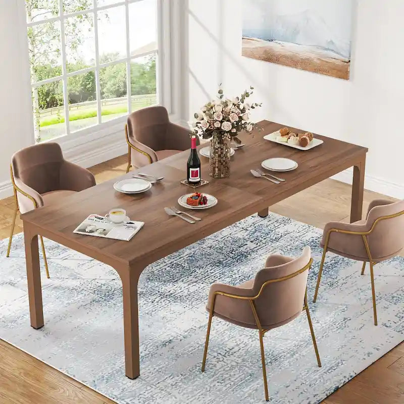 Table à manger de 199,9 cm, Blanc et doré / Marron café, Plateau en bois et pieds en métal, 6 places