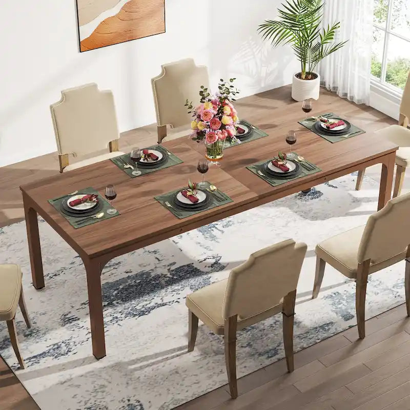 Table à manger de 199,9 cm, Blanc et doré / Marron café, Plateau en bois et pieds en métal, 6 places