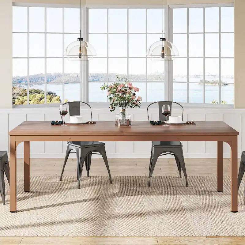 Table à manger de 199,9 cm, Blanc et doré / Marron café, Plateau en bois et pieds en métal, 6 places