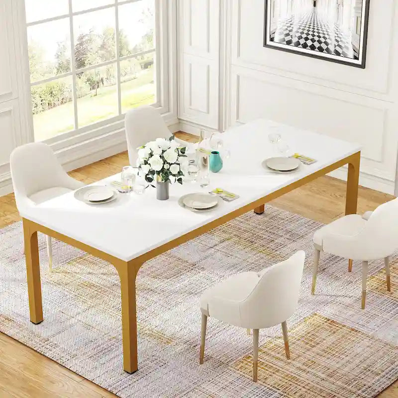 Table à manger de 199,9 cm, Blanc et doré / Marron café, Plateau en bois et pieds en métal, 6 places