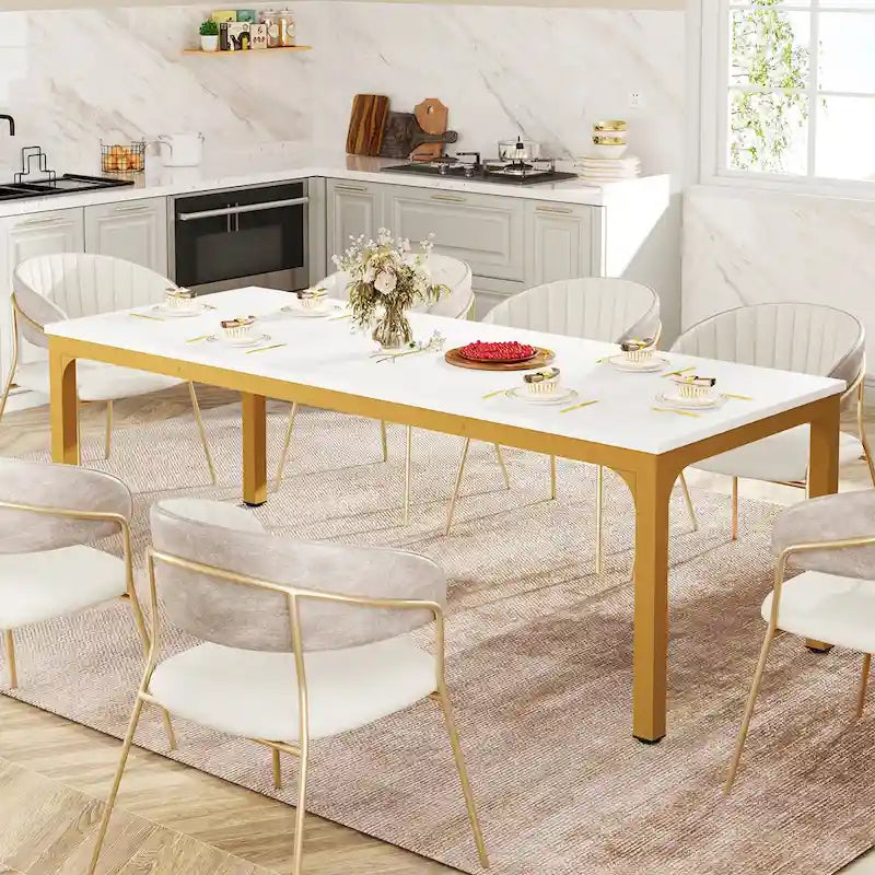 Table à manger de 199,9 cm, Blanc et doré / Marron café, Plateau en bois et pieds en métal, 6 places
