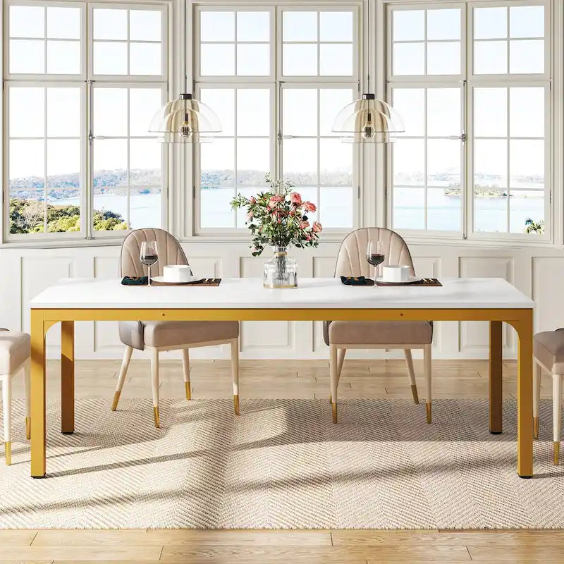 Table à manger de 199,9 cm, Blanc et doré / Marron café, Plateau en bois et pieds en métal, 6 places