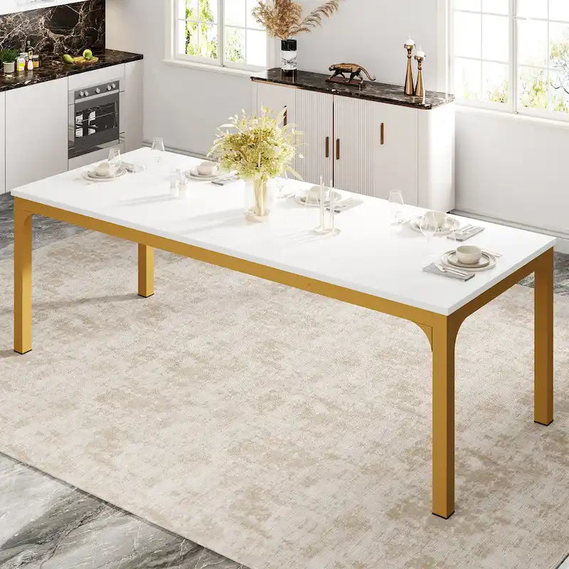 Table à manger de 199,9 cm, Blanc et doré / Marron café, Plateau en bois et pieds en métal, 6 places