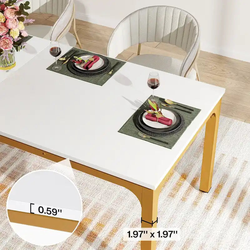 Table à manger de 199,9 cm, Blanc et doré / Marron café, Plateau en bois et pieds en métal, 6 places