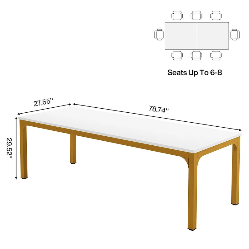 Table à manger de 199,9 cm, Blanc et doré / Marron café, Plateau en bois et pieds en métal, 6 places