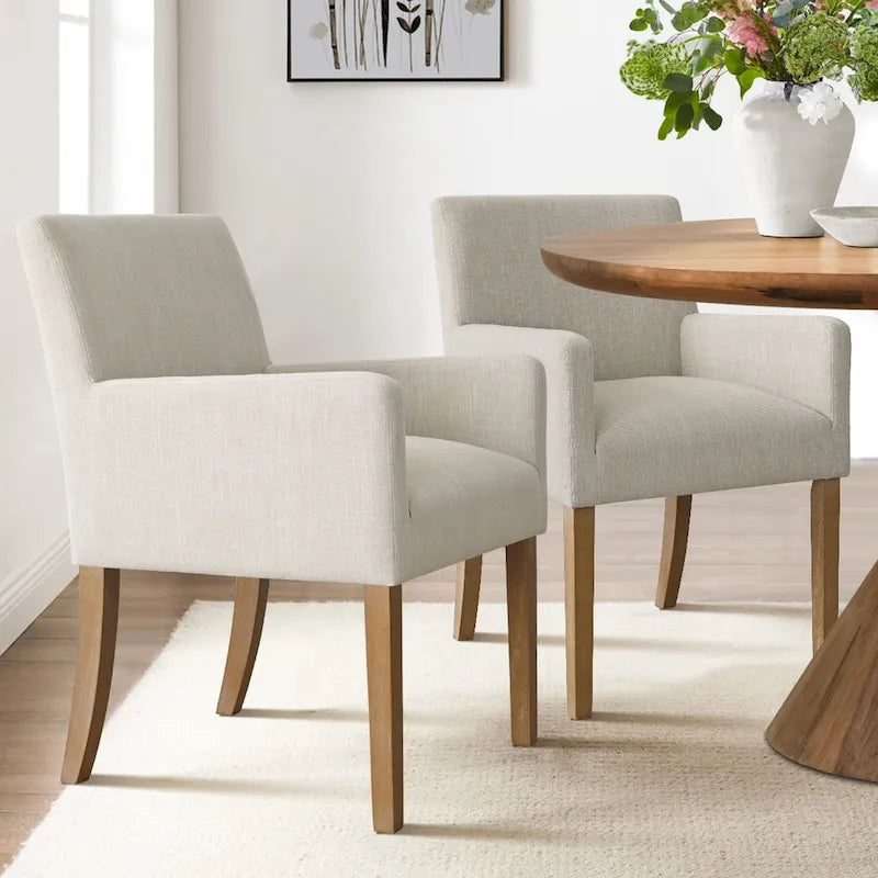 Fauteuil Parsons en mélange lin crème/beige/noir avec accoudoirs, lot de 2