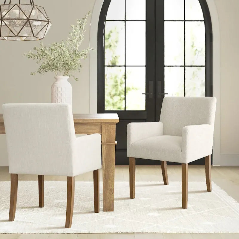 Fauteuil Parsons en mélange lin crème/beige/noir avec accoudoirs, lot de 2