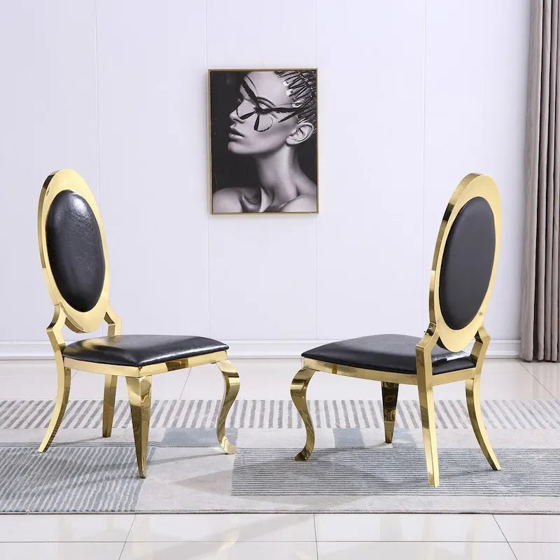 Chaises de salle à manger en similicuir noir avec pieds dorés, lot de 2