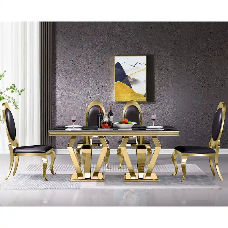 Chaises de salle à manger en similicuir noir avec pieds dorés, lot de 2