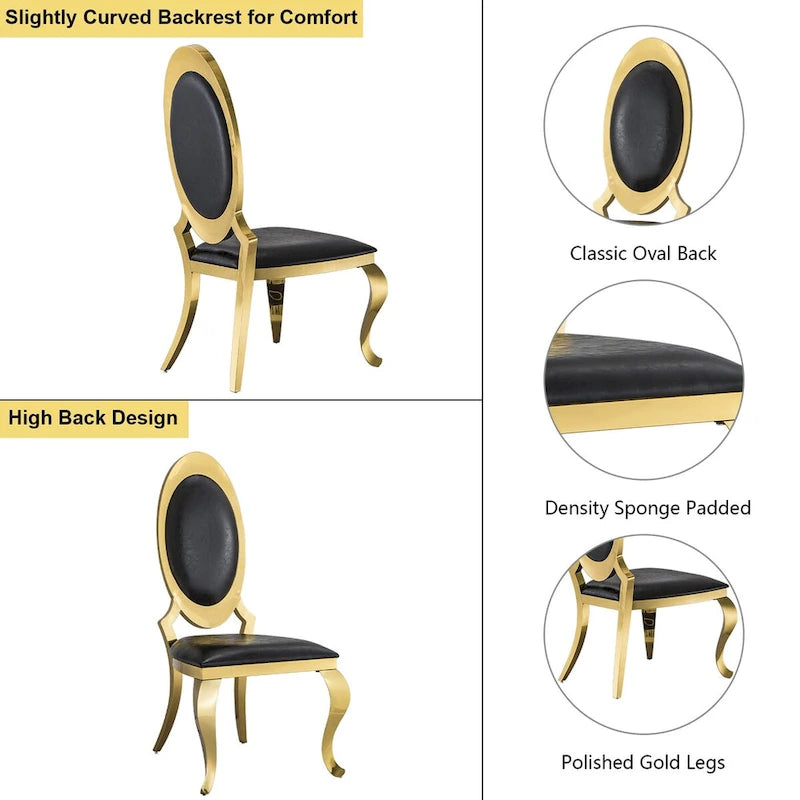 Chaises de salle à manger en similicuir noir avec pieds dorés, lot de 2