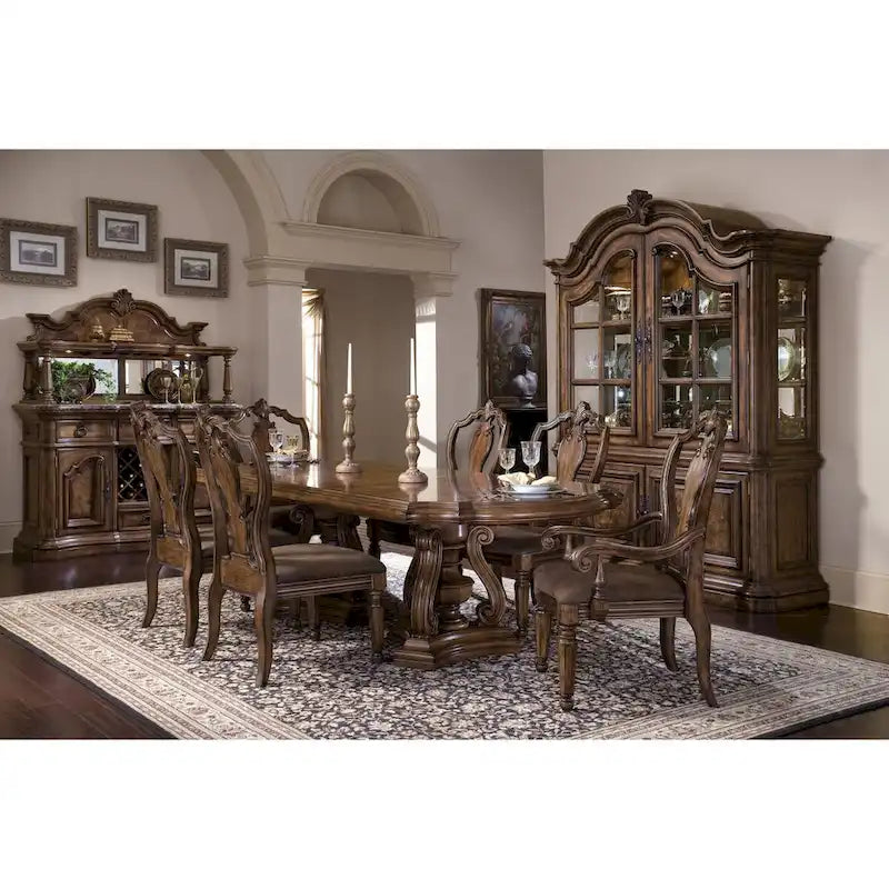 Table de salle à manger double piédestal marron, Jusqu'à 8 places, 46"L x 30"H x 118"P