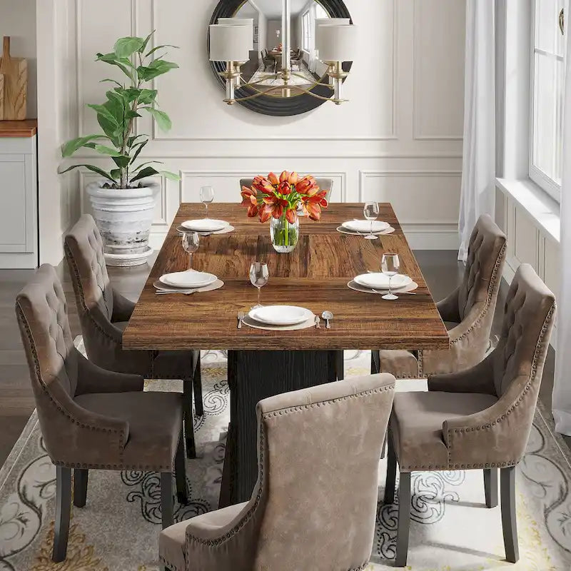 Table à manger rectangulaire avec plateau en bois, 140 cm, blanc/marron, pour 4 à 6 personnes