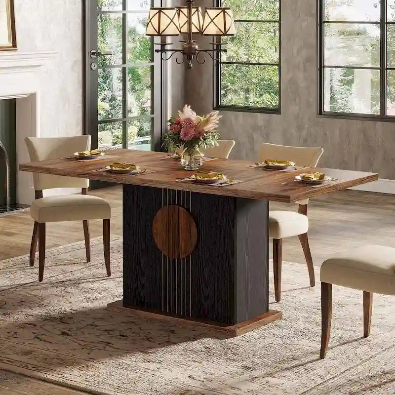 Table à manger rectangulaire avec plateau en bois, 140 cm, blanc/marron, pour 4 à 6 personnes