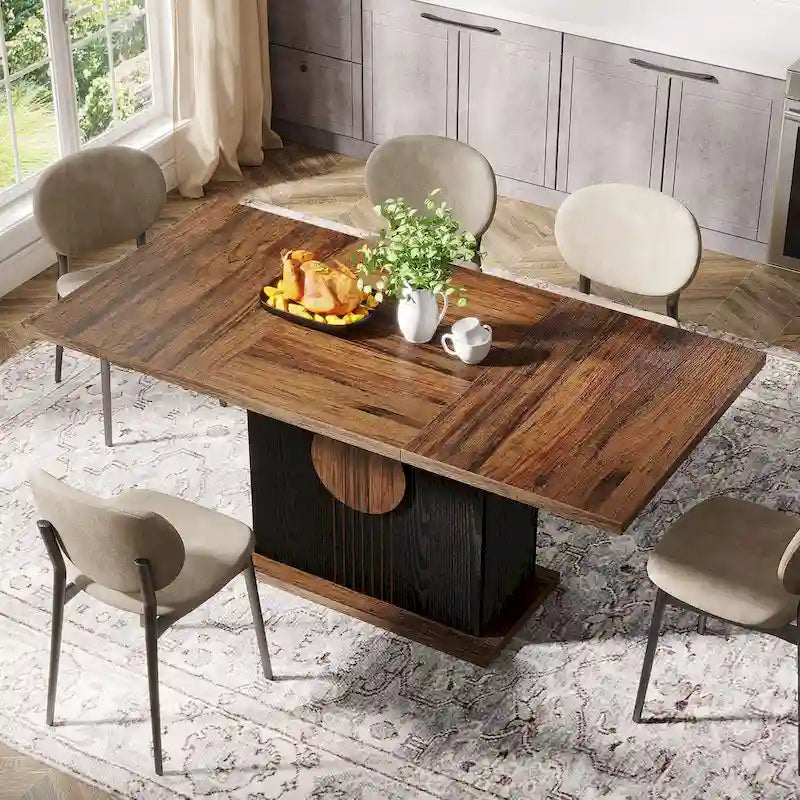 Table à manger rectangulaire avec plateau en bois, 140 cm, blanc/marron, pour 4 à 6 personnes