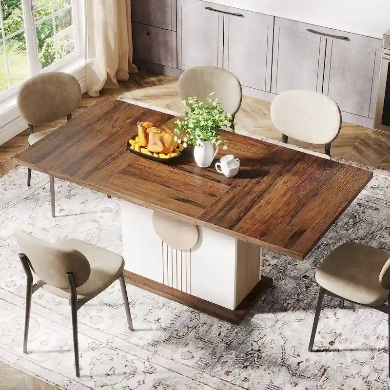 Table à manger rectangulaire avec plateau en bois, 140 cm, blanc/marron, pour 4 à 6 personnes
