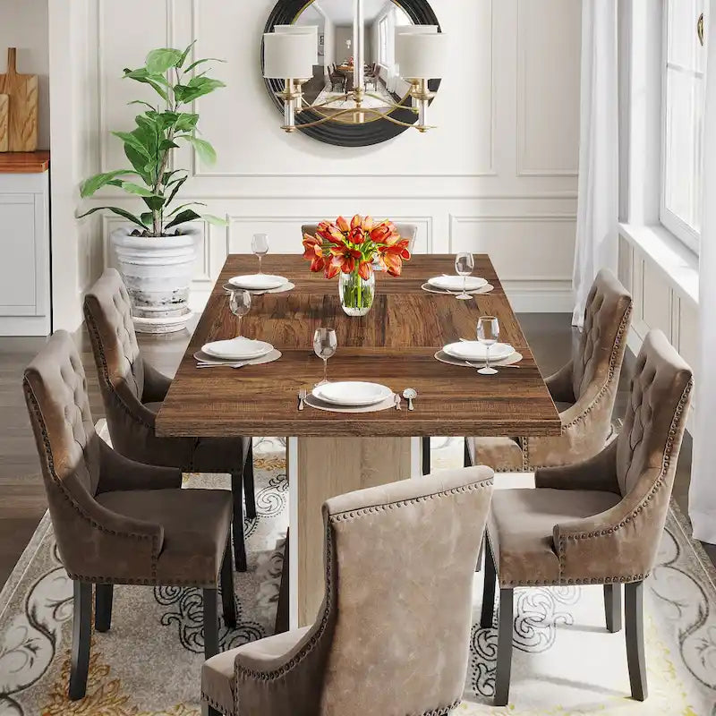 Table à manger rectangulaire avec plateau en bois, 140 cm, blanc/marron, pour 4 à 6 personnes