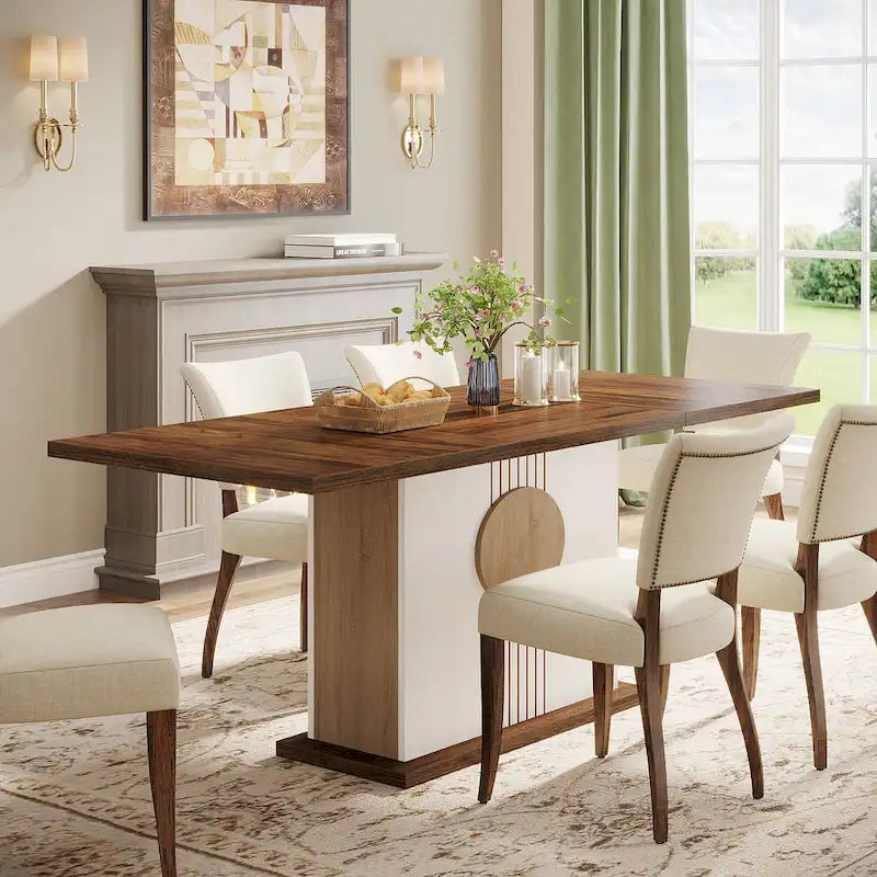 Table à manger rectangulaire avec plateau en bois, 140 cm, blanc/marron, pour 4 à 6 personnes
