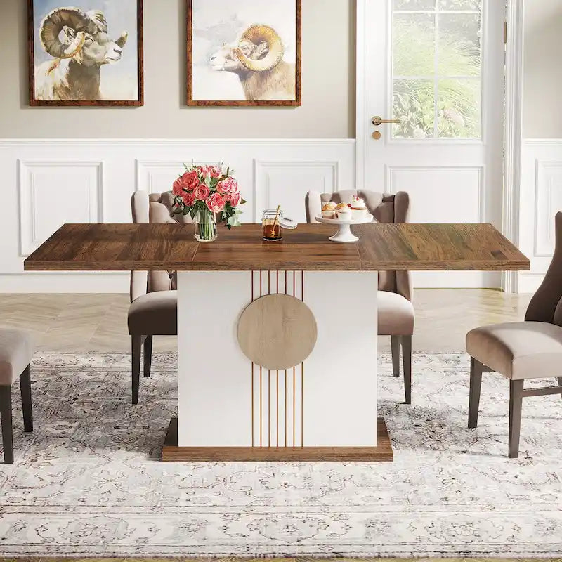 Table à manger rectangulaire avec plateau en bois, 140 cm, blanc/marron, pour 4 à 6 personnes