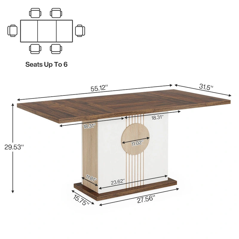 Table à manger rectangulaire avec plateau en bois, 140 cm, blanc/marron, pour 4 à 6 personnes