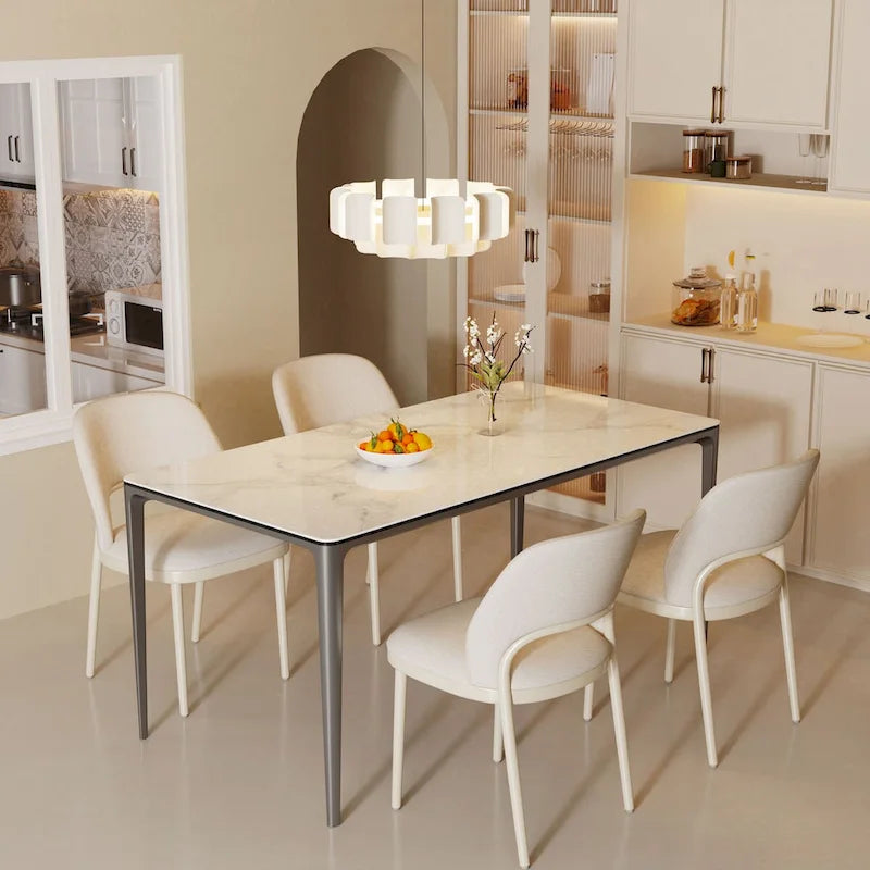 Table à manger rectangulaire en pierre frittée blanche et verre trempé, 4 à 6 places