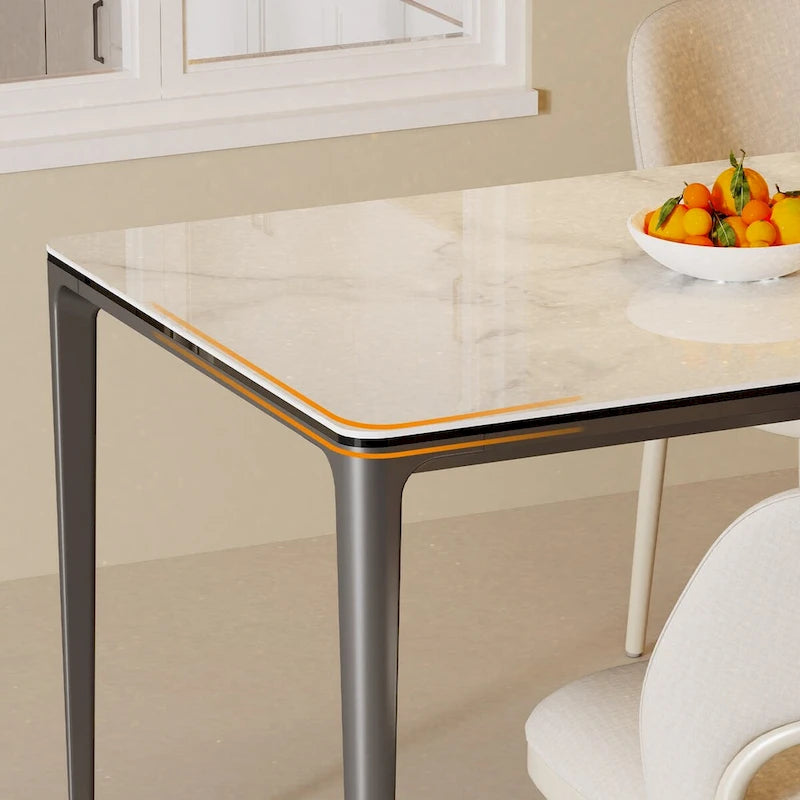 Table à manger rectangulaire en pierre frittée blanche et verre trempé, 4 à 6 places
