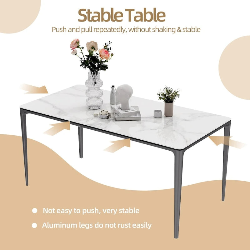Table à manger rectangulaire en pierre frittée blanche et verre trempé, 4 à 6 places