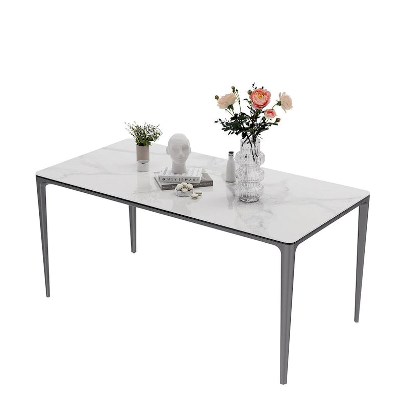 Table à manger rectangulaire en pierre frittée blanche et verre trempé, 4 à 6 places
