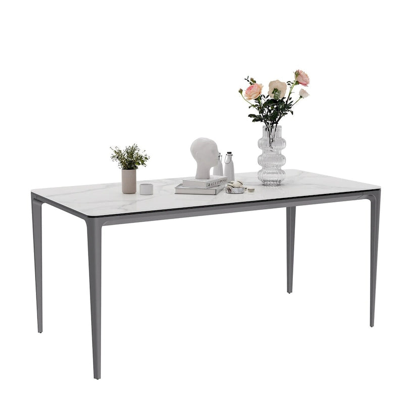 Table à manger rectangulaire en pierre frittée blanche et verre trempé, 4 à 6 places
