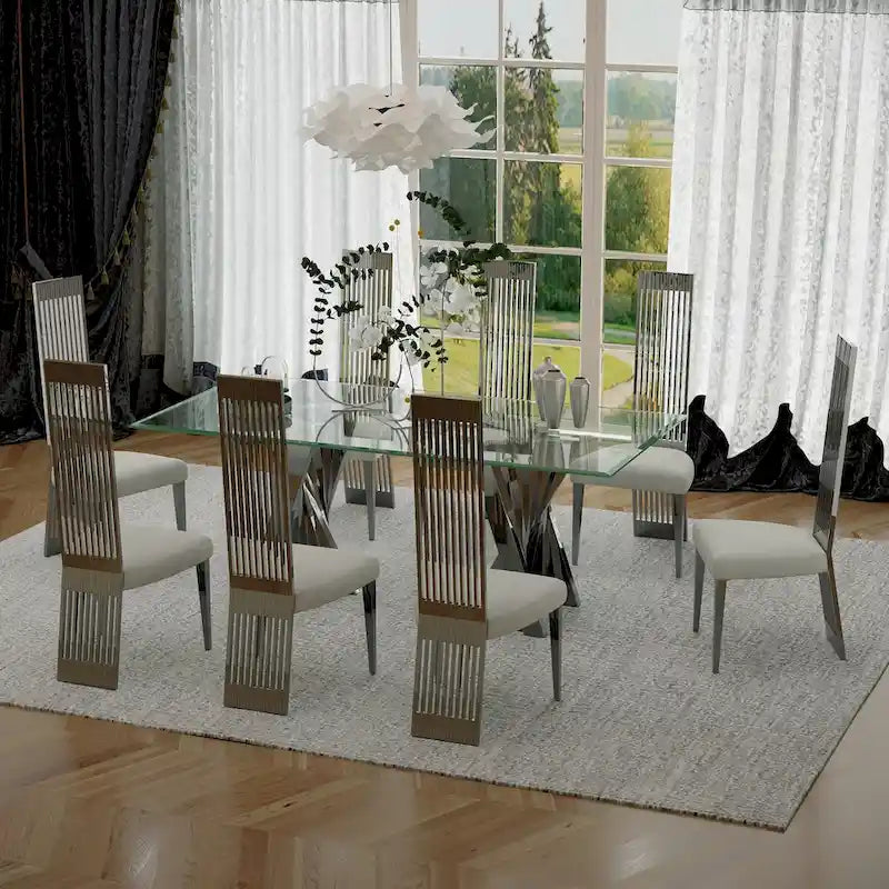 Chaise de salle à manger en tissu bouclé blanc et acier inoxydable argenté – Lot de 2/4/6/8/10
