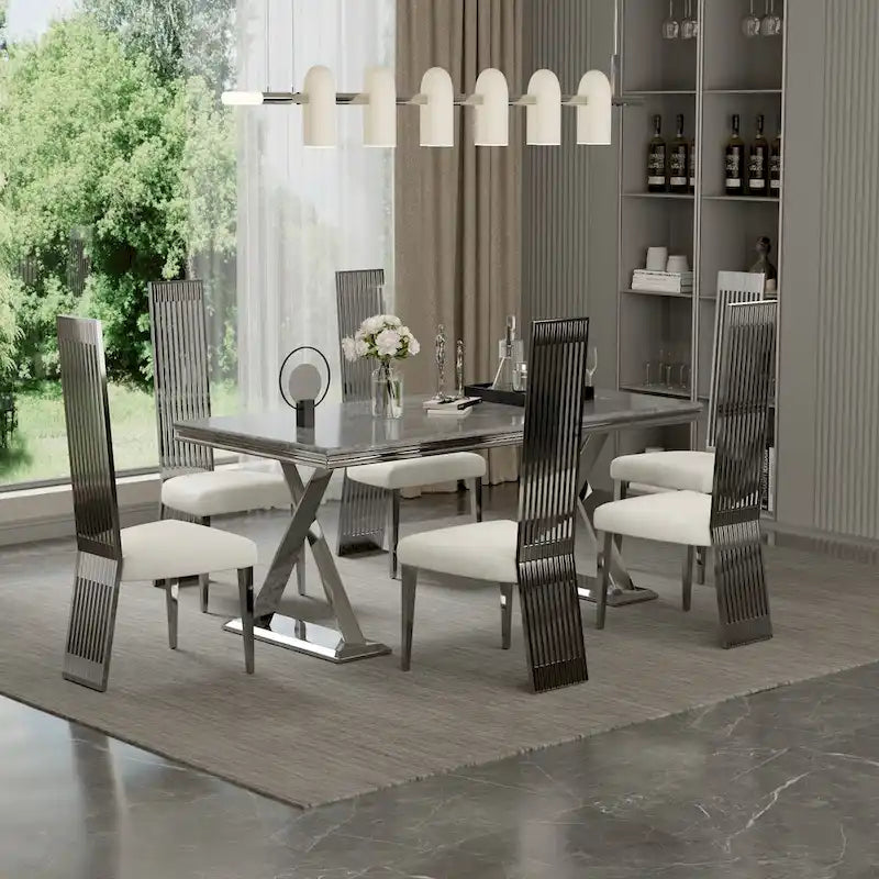Chaise de salle à manger en tissu bouclé blanc et acier inoxydable argenté – Lot de 2/4/6/8/10