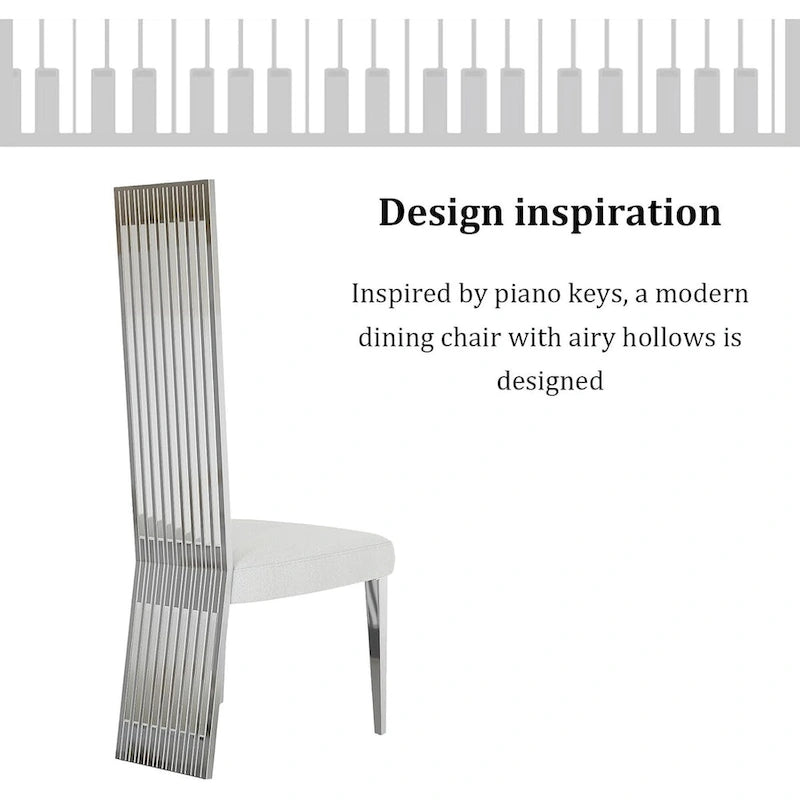 Chaise de salle à manger en tissu bouclé blanc et acier inoxydable argenté – Lot de 2/4/6/8/10