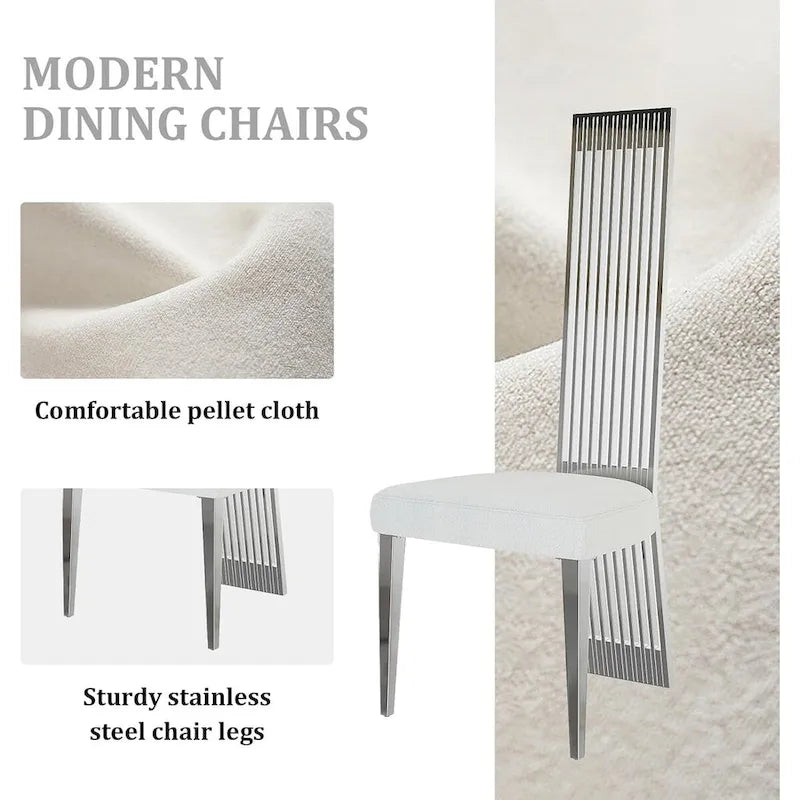 Chaise de salle à manger en tissu bouclé blanc et acier inoxydable argenté – Lot de 2/4/6/8/10