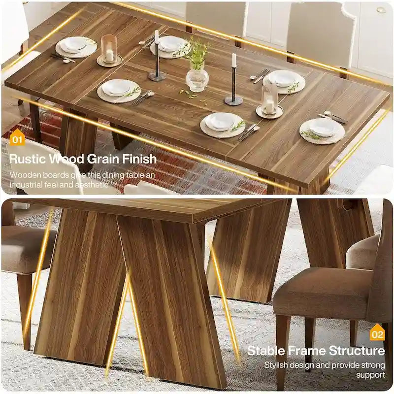 Table de salle à manger rectangulaire style ferme, marron, 6 à 8 places