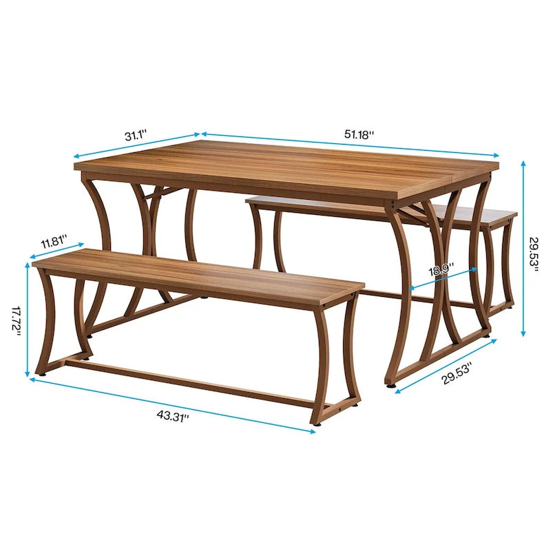Table à manger rectangulaire marron avec 2 bancs, 4 à 6 places