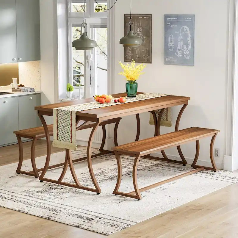 Table à manger rectangulaire marron avec 2 bancs, 4 à 6 places
