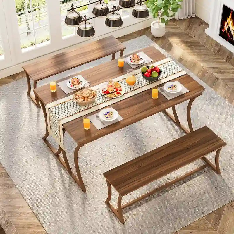 Table à manger rectangulaire marron avec 2 bancs, 4 à 6 places