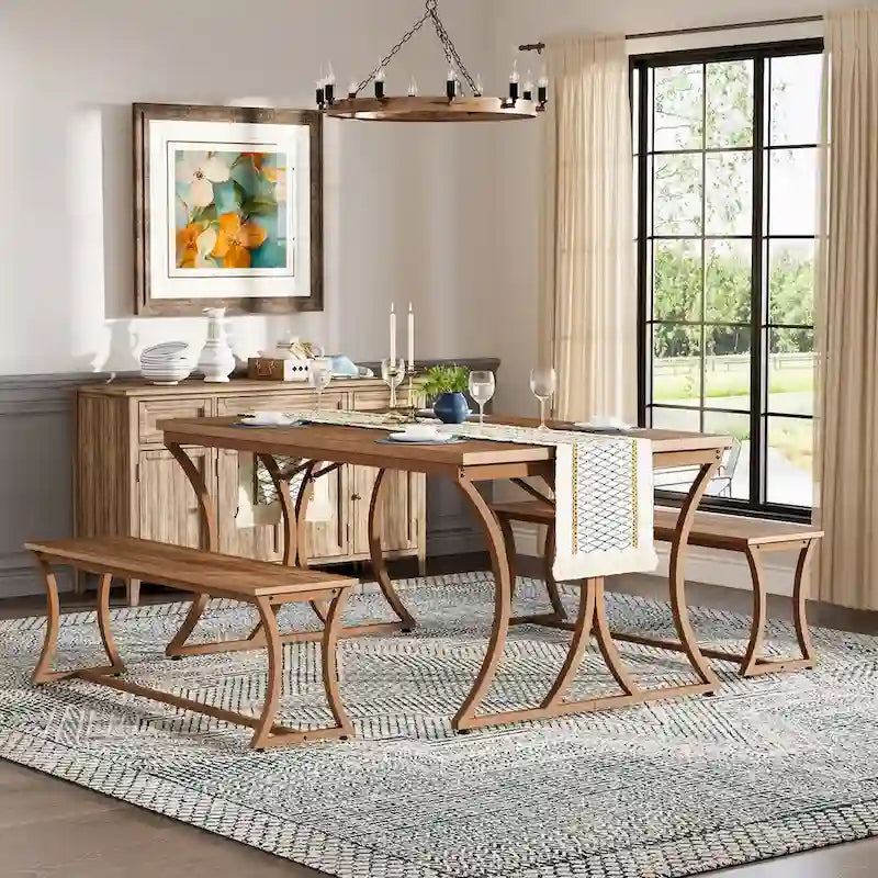 Table à manger rectangulaire marron avec 2 bancs, 4 à 6 places