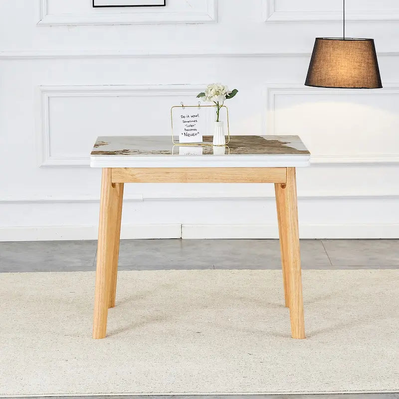 Bureau pliable imitation marbre blanc, pieds en bois d'hévéa, 1 personne